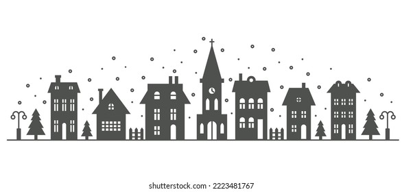 Suburban neighborhood winter landscape. Silhouette of houses and church on the skyline with snowflakes. Countryside cottage homes. Glyph vector illustration