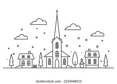 Suburban neighborhood winter landscape. Silhouette of houses and church on the skyline with snowflakes. Countryside cottage homes. Outline vector illustration