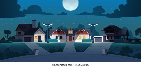 Suburban night street. Cartoon neighborhood country houses with lawn bushes and trees at night. Vector late evening town landscape. Real estates exterior under sky with moon. Outdoor mansions