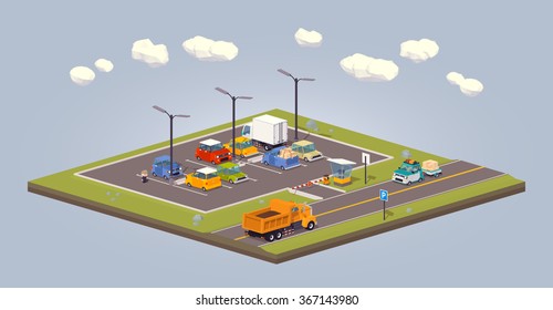 Suburban parking lot. 3D lowpoly isometric vector concept illustration