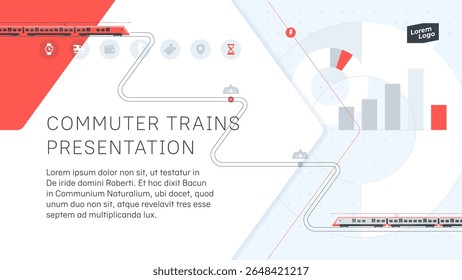 Suburban passenger railway service. A cover template for presentations, annual reports, brochures, and the like. Electric trains, railway tracks, stations, diagrams are shown