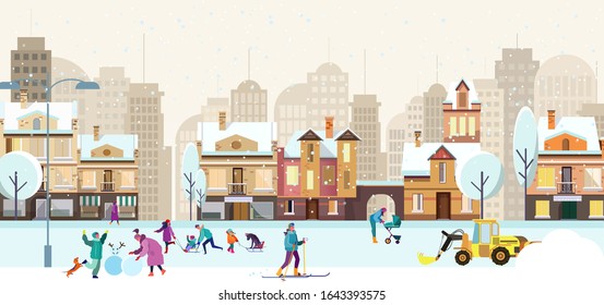 Suburban people enjoying winter activities. Parents, kids skiing, sledging, making snowman flat vector illustration. Leisure outdoors vacation concept for banner, website design or landing web page