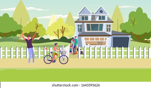 Suburban People Spending Weekend With Family. Country House, Parents, Kids, Riding Bike Flat Vector Illustration. Country Life, Real Estate Concept For Banner, Website Design Or Landing Web Page