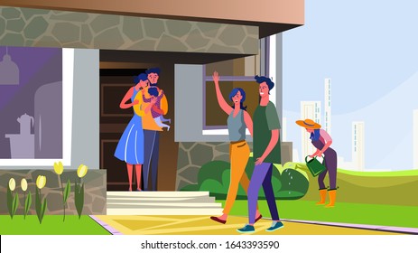 Suburban people walking outside. Family, child, neighbors, gardening flat vector illustration. Country life, neighborhood, communication concept for banner, website design or landing web page