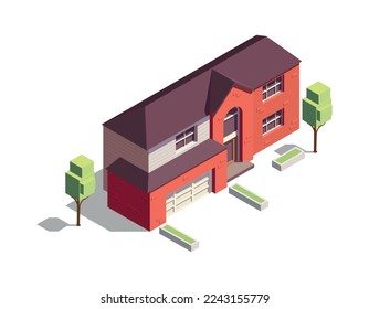 Suburban private brick house with garage 3d isometric vector illustration