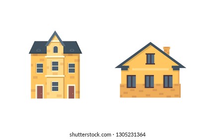 suburban private houses. House exterior. Vector urban building icons set.