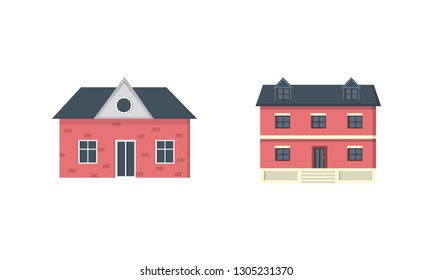 suburban private houses. House exterior. Vector urban building icons set.