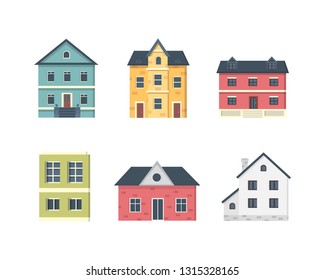 suburban private houses. House exterior. Vector urban building icons set.