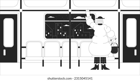 Suburban railway passenger black and white lo fi chill wallpaper. Female metro passenger stands in train 2D vector cartoon character illustration, minimalism background. 80s retro album art, line art