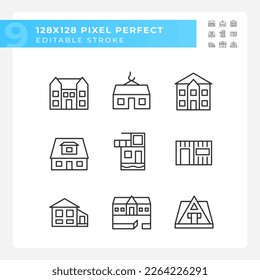 Suburban real estate pixel perfect linear icons set. Holiday property rent. Bungalow and villa. Countryside. Customizable thin line symbols. Isolated vector outline illustrations. Editable stroke