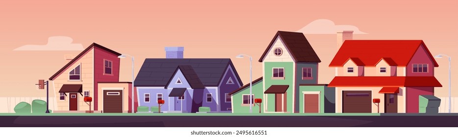 Ilustración plana de Vector inmobiliario suburbano. Casas de dos plantas con garaje y ático. Edificios exteriores. Cartoon pueblo o casas de campo, fachada de la casa con puerta y ventanas