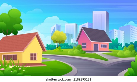 Suburban Residential with green yard, district landscape with green grass, trees, and City skyline