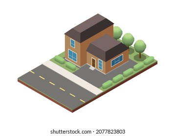 Suburban residential houses neighborhood composition with isolated image of dwelling place with buildings pavement and road vector illustration