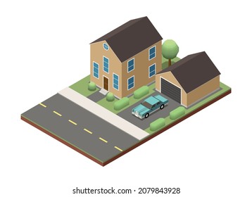 Suburban residential houses neighborhood composition with isolated image of dwelling place with buildings pavement and road vector illustration