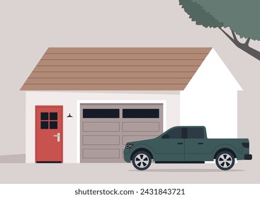 Suburban Serenity, a pickup truck Parked Outside a garage, A vehicle sits quietly by a building with a vibrant red door