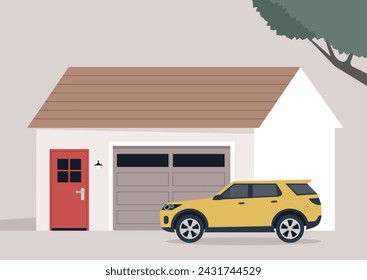 Suburban Serenity, a yellow SUV Parked Outside a garage, A vehicle sits quietly by a building with a vibrant red door