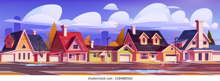 Suburban street with cottage houses at autumn day. Residential suburb, countryside district with puddles on road, fallen leaves on building roofs. Home facades with garages Cartoon vector illustration