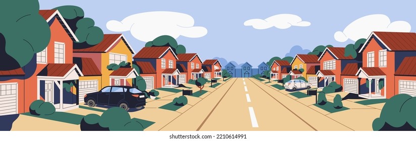 Calle suburbana con casas y carreteras. Casas, garajes en el barrio residencial de la ciudad, suburbios. Paisaje, panorama de las afueras de la ciudad moderna con edificios, inmobiliaria. Ilustración vectorial plana