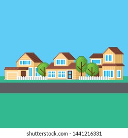 Suburban street. Modern family home. Pixel art. Old school computer graphic. 8 bit video game. Game assets 8-bit sprite.