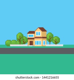 Suburban street. Modern family home. Pixel art. Old school computer graphic. 8 bit video game. Game assets 8-bit sprite.