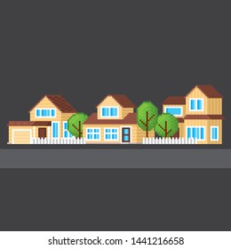 Suburban street. Modern family home. Pixel art. Old school computer graphic. 8 bit video game. Game assets 8-bit sprite.