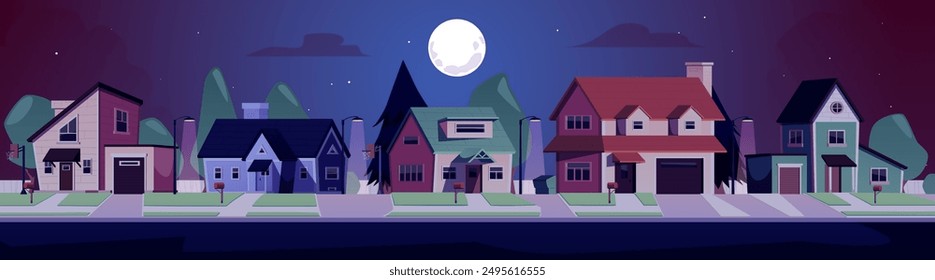 Suburban street in the night vector flat illustration. Cartoon cityscape, houses and road on full moon light. Exterior architecture. Buildings with attic, chimney and garage. Cottage real estate