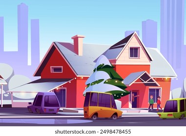 Suburban street on winter with red house, cars on asphalt road, trees and pedestrian covered with snow. Cartoon vector illustration of teen boy welcome friends. Suburb neighborhood landscape.