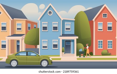 Suburban street. Private two-story houses, sleeping area. Pedestrian and passing cars. The concept of a quiet country life. Vector illustration in flat style