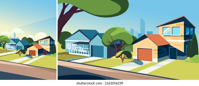 Suburban street in summer season. Outdoor scene in different formats.