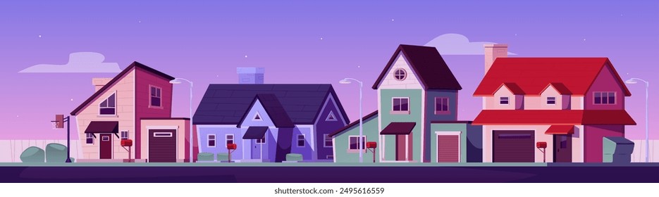 Suburban street vector flat illustration. Cartoon cityscape, houses and road. Exterior architecture. Buildings with attic, chimney and garage. Cottage real estate in town or village