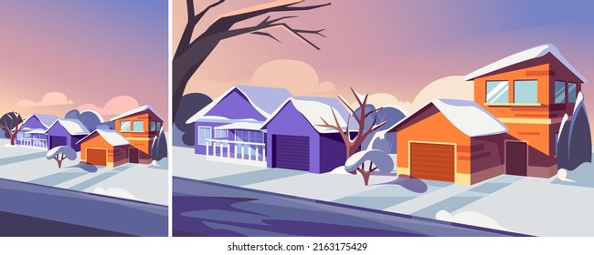 Suburban street in winter season. Outdoor scene in different formats.