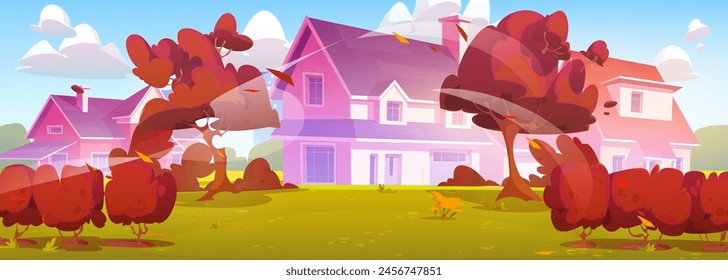 Suburban town district in autumn. Vector cartoon illustration of houses with green lawn, yellow trees in backyard, housing neighborhood, fall season, golden leaves flying in wind, blue sky with clouds