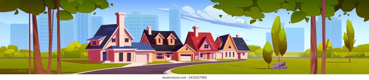 Suburban town street against big city background. Vector cartoon illustration of cozy houses along rural alley under blue sky, green lawn and bushes, skyscrapers on horizon, modern architecture