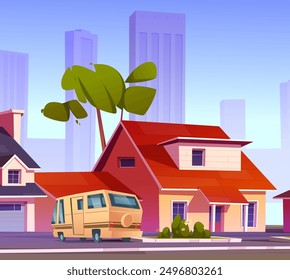 Suburban town street against cityscape background. Vector cartoon illustration of van parked near house garage, green tree and flowers on bush, modern skyscraper silhouettes, suburb neighborhood