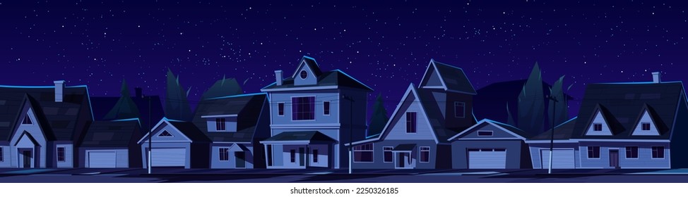 Suburban town street with dark houses at night. Vector cartoon illustration of district with residential buildings, trees and electricity lines under starry midnight sky. Blackout in city neighborhood