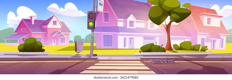 Suburban town street with pedestrian crossing. Vector cartoon illustration of residential neighborhood with houses, traffic light and bus stop sign on empty road, green lawn and trees, blue summer sky