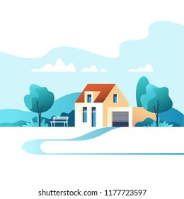 Suburban traditional  house. Family home. Vector illustration.