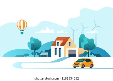 Suburban traditional house. Family home with auto. Vector illustration.