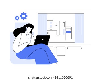 Ilustración vectorial del concepto abstracto del tren suburbano. Mujer con laptop trabajando en el camino, viajando al trabajo en tren, transporte urbano, pasajeros de transporte público metáfora abstracta.