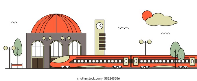 Suburban train station flat design illustration. Railway design concept