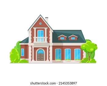 Suburban two story house with classic exterior, residential neighborhood property. Vector real estate architecture of cottage building, villa, mansion or townhouse with balconies, columns, balustrade