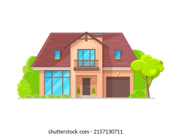 Suburban two-storey residential house building exterior, vector architecture facade. Classic or modern apartments home, family townhouse or villa cottage, mansion or bungalow lodge with garden