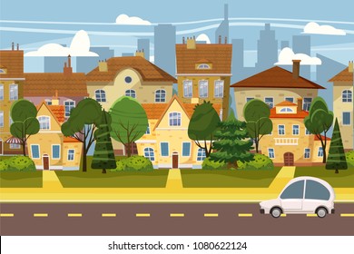 Suburban village of big city, trees, road, sky and clouds. Real estate, sale and rent house, mansion. Cottage Real Estates Cute Town Concept Cartoon Vector Illustration.