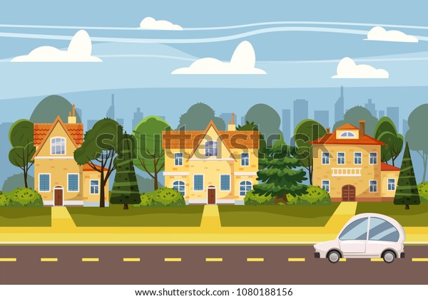 Suburban village of big
city, trees, road, sky and clouds. Real estate, sale and rent
house, mansion. Cottage Real Estates Cute Town Concept Cartoon
Vector Illustration.