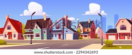 Suburban village street with house building vector cartoon landscape. Cottage and family apartment with garage in modern neighborhood with road intersection. Townhouse architecture side view