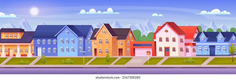 Suburban village street. Suburb district neighbourhood, cartoon cottages front row residential houses country city urban home exterior villa with garage, swanky vector illustration original artwork