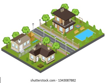 Suburbia area buildings with town houses and cottages isometric vector illustration