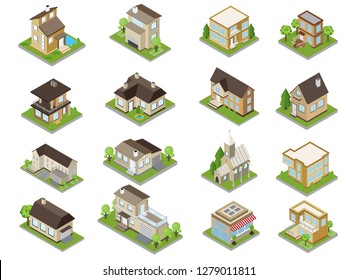 Conjunto de ícones de edifícios de subúrbio com moradias e ilustração vetorial isolada isométrica da igreja