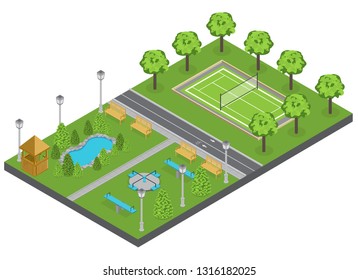 Suburbia park composition with trees pond and sports ground isometric vector illustration