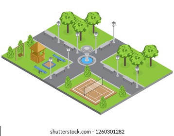 Suburbia Park With Trees Lawn And Sports Ground Isometric Vector Illustration